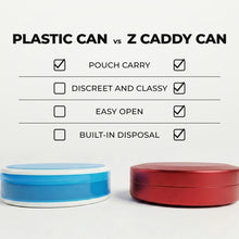 Z Caddy OG metal pouch can in red beside a standard plastic pouch can, chart comparing pouch carry, discreet and classy design, easy open and built-in disposal