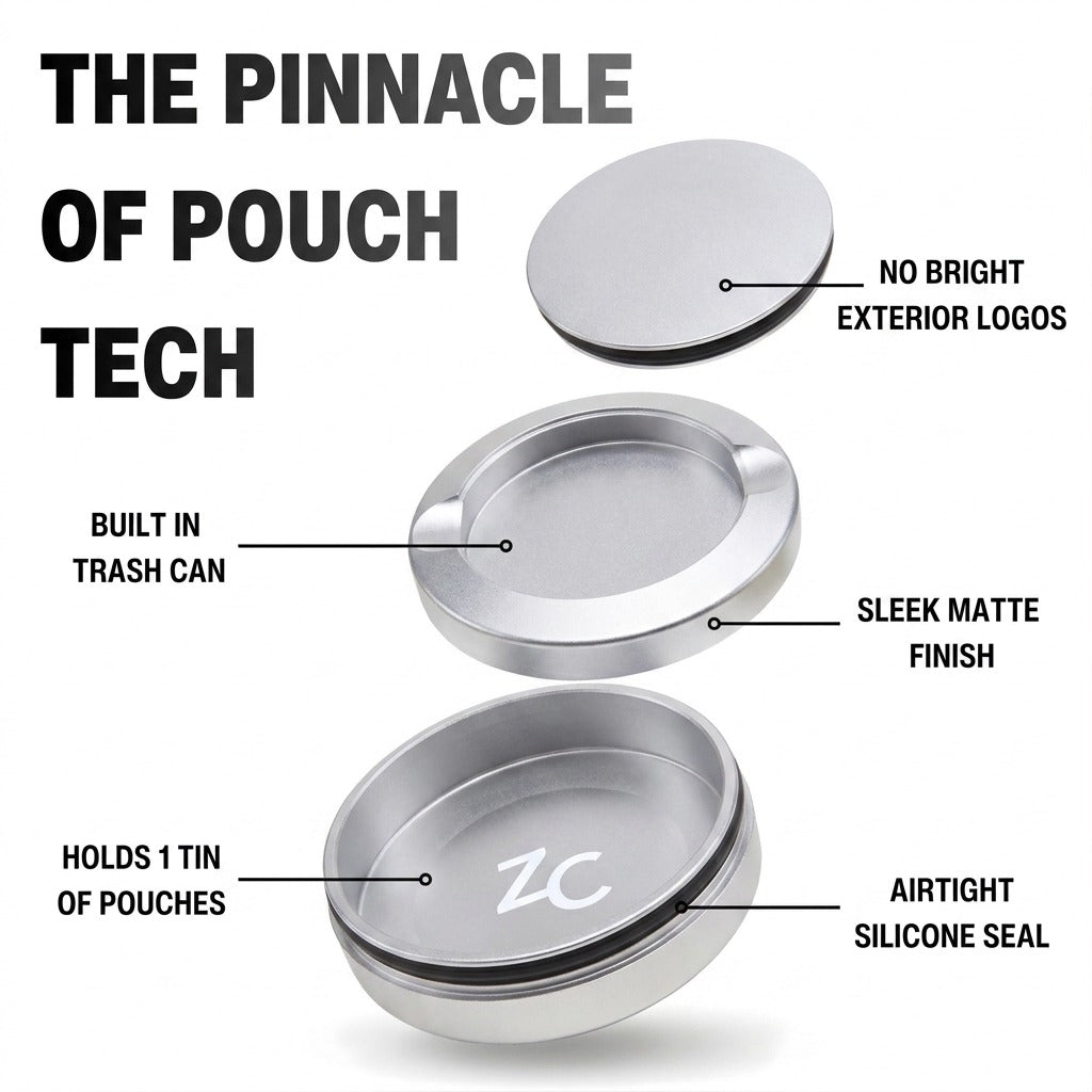Z Caddy OG metal pouch can in silver, exploded view of the lid, disposal chamber and base with airtight silicone seal