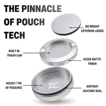 Z Caddy OG metal pouch can in silver, exploded view of the lid, disposal chamber and base with airtight silicone seal