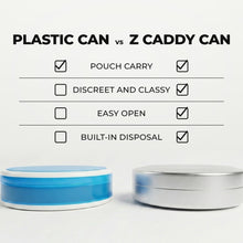 Z Caddy OG metal pouch can in silver beside a standard plastic pouch can, chart comparing pouch carry, discreet and classy design, easy open and built-in disposal