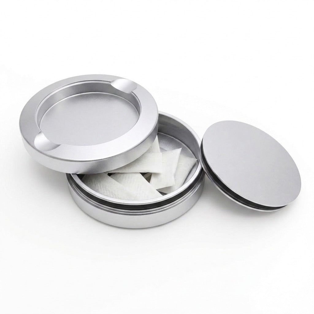 Z Caddy OG metal pouch can in silver, open with pouches in the storage chamber
